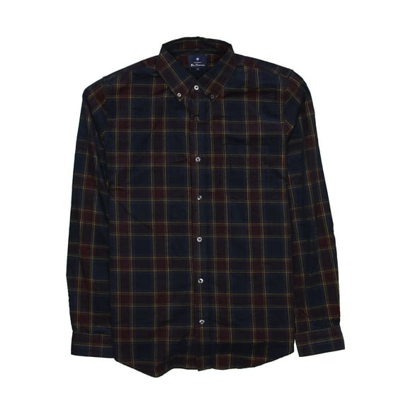 Ben Sherman Mens Plaid Long Sleeve Button Down Shirt (Large, Navy Blazer)