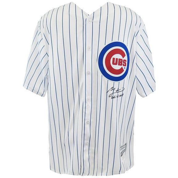 Ben Zobrist Signed Chicago Cubs White Pinstripe Majestic Replica Baseball Jersey w/2016 WS MVP