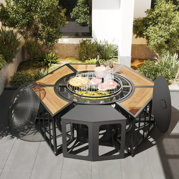 MeetLeisure 51 Inch Outdoor Wood Burning Fire Pits with Lids, Fire Poker and Metal Side Tables,Brown