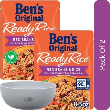 Ben’s Original Ready Rice Red Beans & Rice – 8.5 oz Pouch-2pk, With White Bowl By OMA