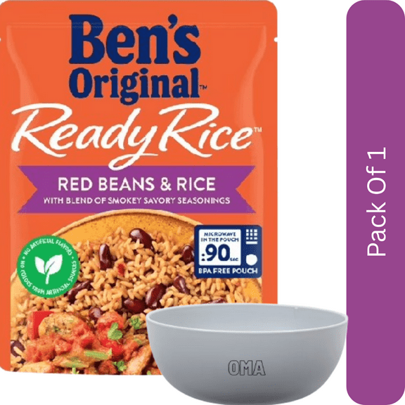 Bens Original Ready Rice Red Beans & Rice  8.5 oz Pouch-  With White Bowl By OMA