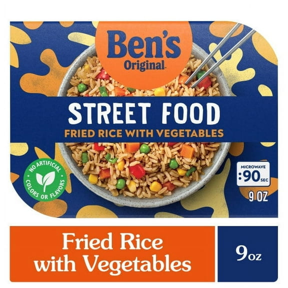 Ben's Original™ Street Food Fried Rice with Vegetables. 9 Ounces Per Tray. Fully Cooked. Heat and Eat In Just 90 Seconds!