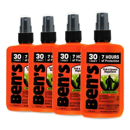 Ben's Tick & Insect Repellent - Travel Size Bug Spray with 30% DEET for Mosquitoes, Ticks & More - Up to 7 Hours of Protection - Fragrance-Free - 3.4 oz (4 Pack)