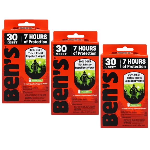 Ben's Tick & Insect Repellent Wipes, 30% DEET, 7 Hours of Protection, 12 Wipes - 3 Pack