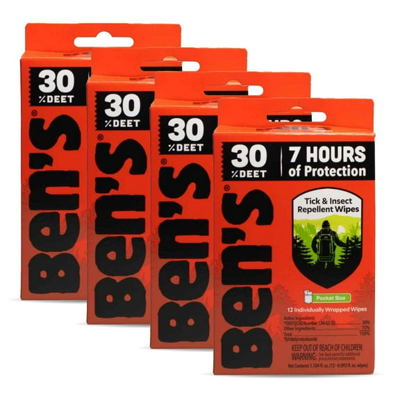 Ben's 30 Tick & Insect Repellent Wipes - Water-Based Insect Repellent Wipes (Pack of 4)