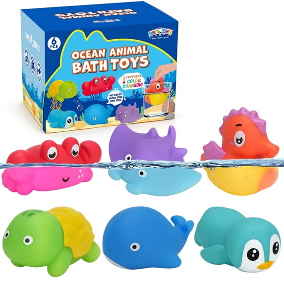 BenBen 6Pcs Color Changing Bath Toys for Toddler, No Hole Mold Free Ocean Animal Baby Bathtub Toys