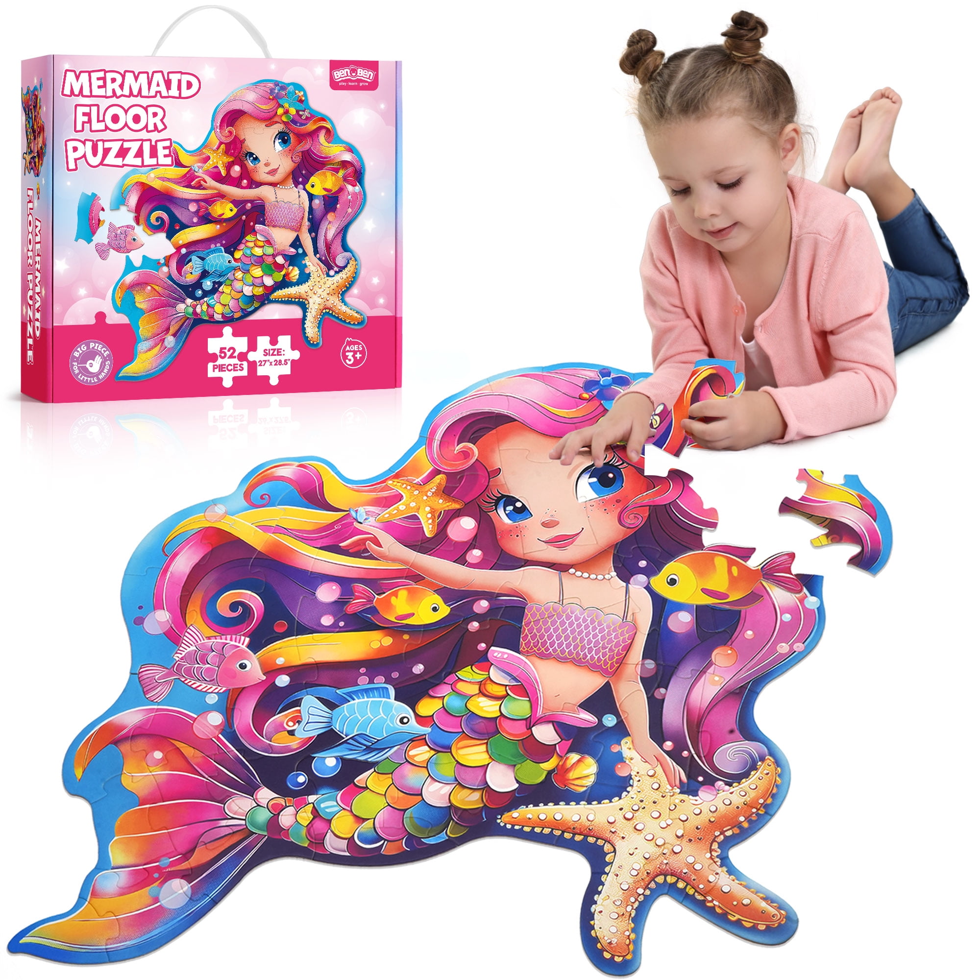 BenBen Puzzles for Kids Ages 4-6, Large 52 Piece Mermaid Floor Puzzles for Toddlers 3-5 Girls Boys