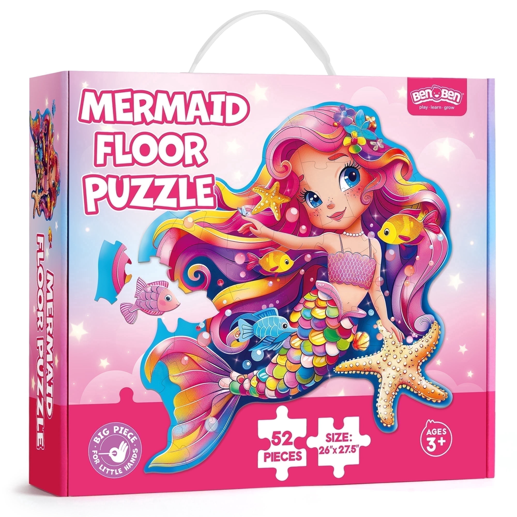 BenBen, Floor Puzzles, Large 52 Piece Pink Mermaid for Kids 3-8