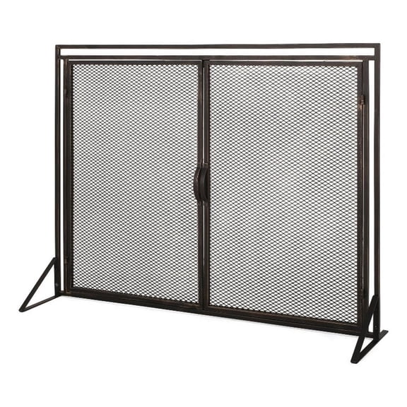 Benjara 31x40 Fireplace Screen- 2 Door Diamond Mesh Design- Black Bronze Iron
