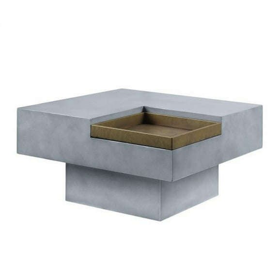 Benjara 32" Coffee Table with Removable Tray- Cement Construction- Smooth Gray
