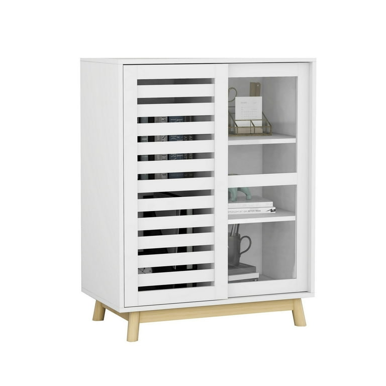 BenJara 34 Inch Storage Cabinet with Slatted Sliding Door 3 Open Shelves White