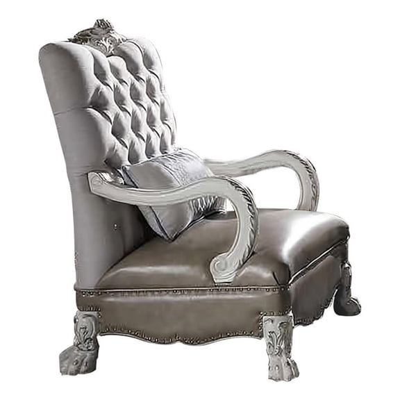 Benjara 35" Ornate Chair with Pillow- Carved Button Tufted Back- White Velvet