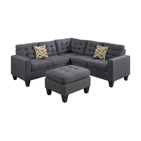 Benjara Linen Fabric 4 Pieces Sectional With Cocktail Ottoman and Pillows In Gray-Color:Gray