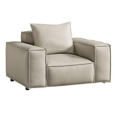 BenJara 48 Inch Accent Sofa Chair, Pillow Back, Soft Light Gray Top Grain Leather