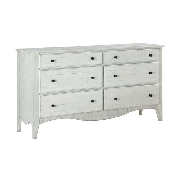 72 Inch Wood Dresser, 6 Drawers, Scalloped Edges, Rustic White Wood Finish