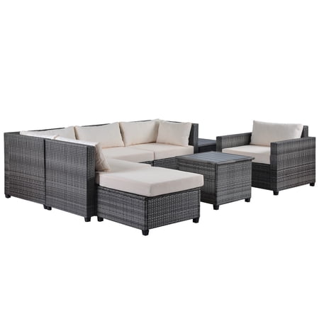 BenJara 8 Piece Modern Outdoor Sectional Sofa Set, Steel and Rattan Frame, Gray