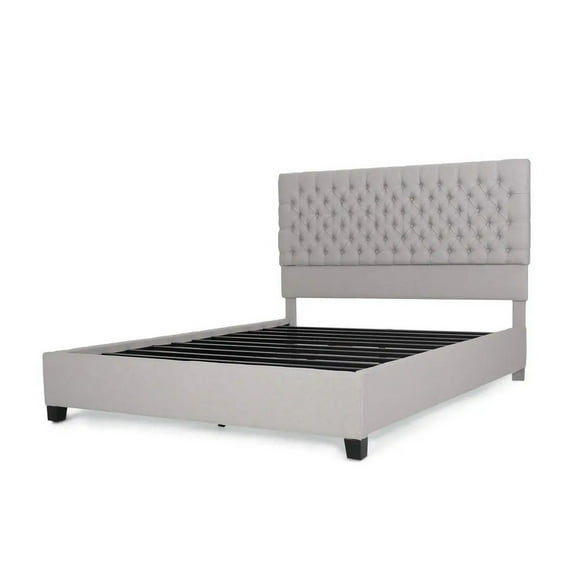 Benjara Amare Platform Queen Size Bed, Button Tufted Light Gray Polyester