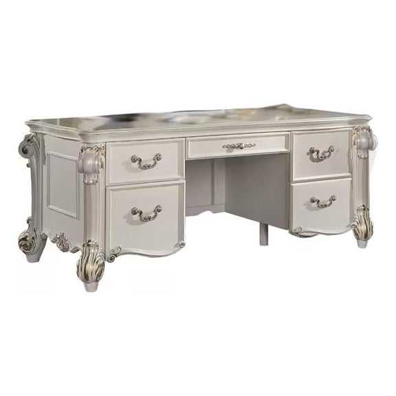 Antoine Home Office Desk, 5 Drawer, Pearl White Wood Gold, 74 Inch