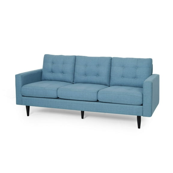 Benjara Apex Sofa, 3 Seater, 83 Inch, Button Tufted, Light Blue Fabric, Black