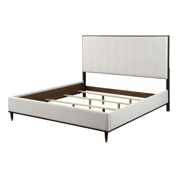 Benjara Aren King Bed- Light Gray Fabric Upholstery- Crisp White & Smooth Brown