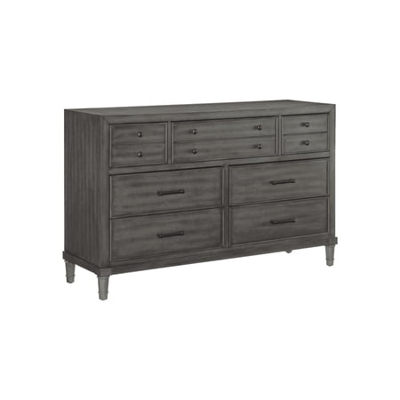 BenJara Ceila 58 Inch Wide 7 Drawer Dresser, Twin Knobs, Round Tapered Legs, Gray