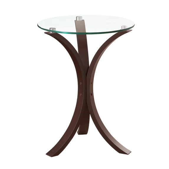 Benjara Contemporary Wood Accent Table- Tempered Glass Top- Brown- Clear