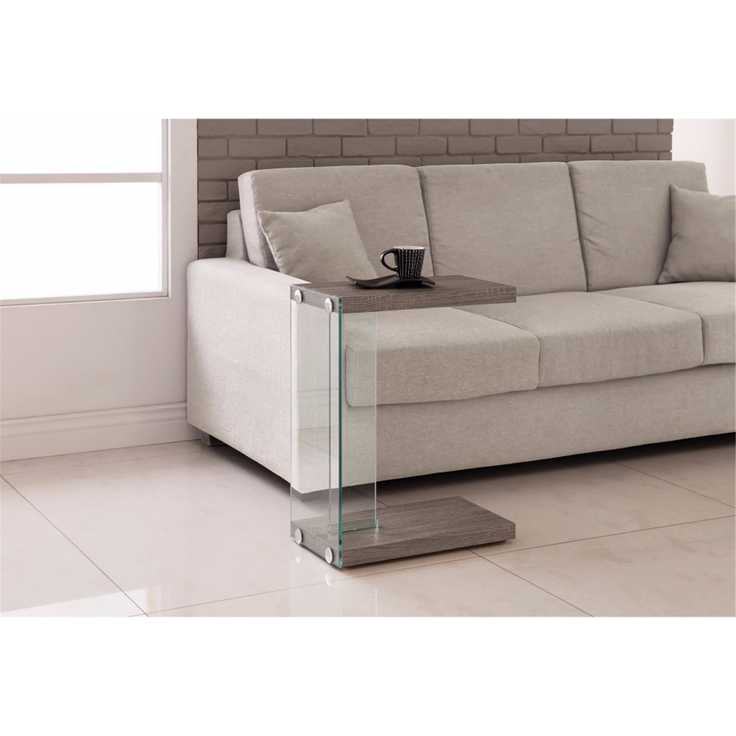 Sleek Gray Wood and Clear Glass Contemporary Snack Table