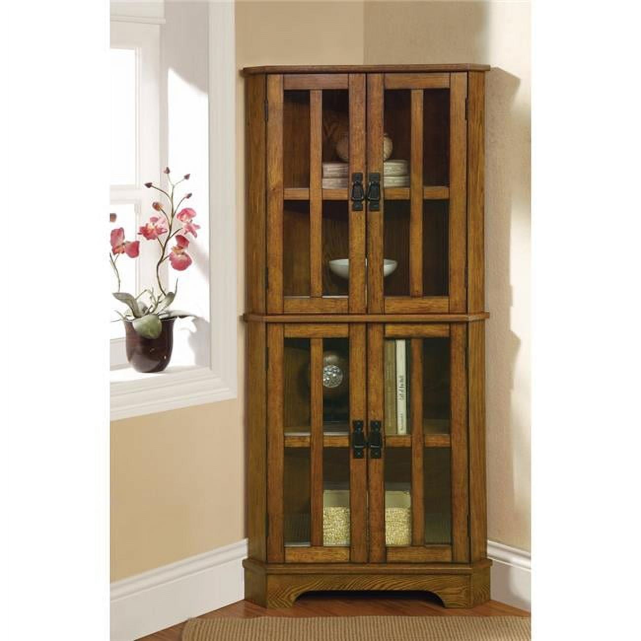 Brown Oak Corner Curio Cabinet with Windowpane Doors