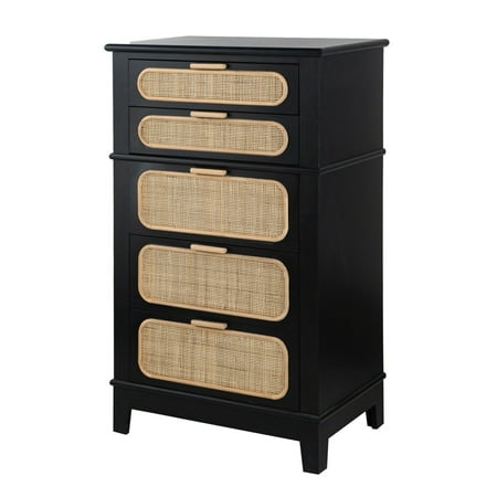 Dana 46 Inch Tall Dresser Chest, Pine Wood, Woven Rattan, 5 Drawers, Black- Saltoro Sherpi