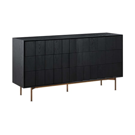 BenJara Deona 63 Inch Modern 6 Drawer Dresser with Bronze Legs, Black Brushed Oak
