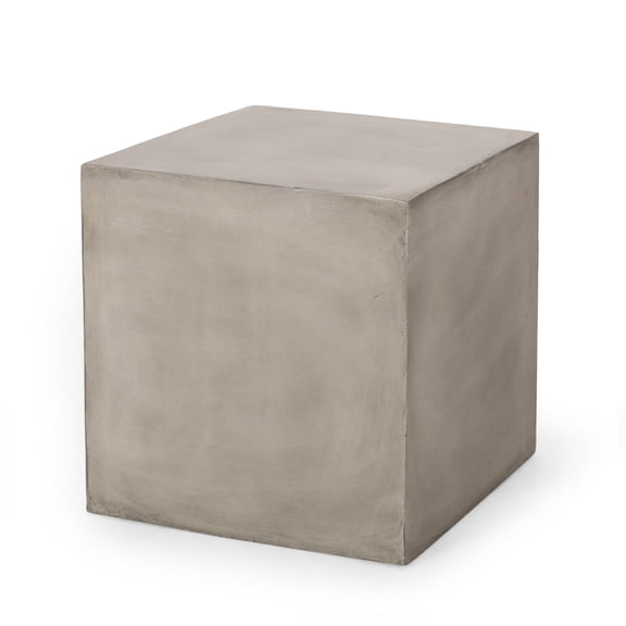 Benjara Ebec Outdoor Side Table- Modern Cube Light Gray Faux Concrete- 22 Inch