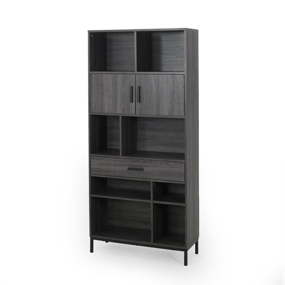 Benjara Eby Cube Bookcase, 6 Storage Spaces, Drawer, Cabinet 67 Inch Dark Gray