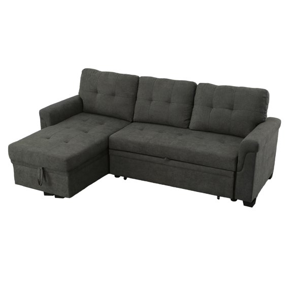 Benjara Elliot 84 Inch Sleeper Sectional Sofa with Storage Chaise, Dark Gray Fabric-Color:Dark Gray,Material:Linen