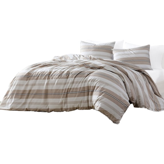 BenJara Eva 4 Piece King Size Cotton Duvet Comforter Set, Beige Stripes, Ivory