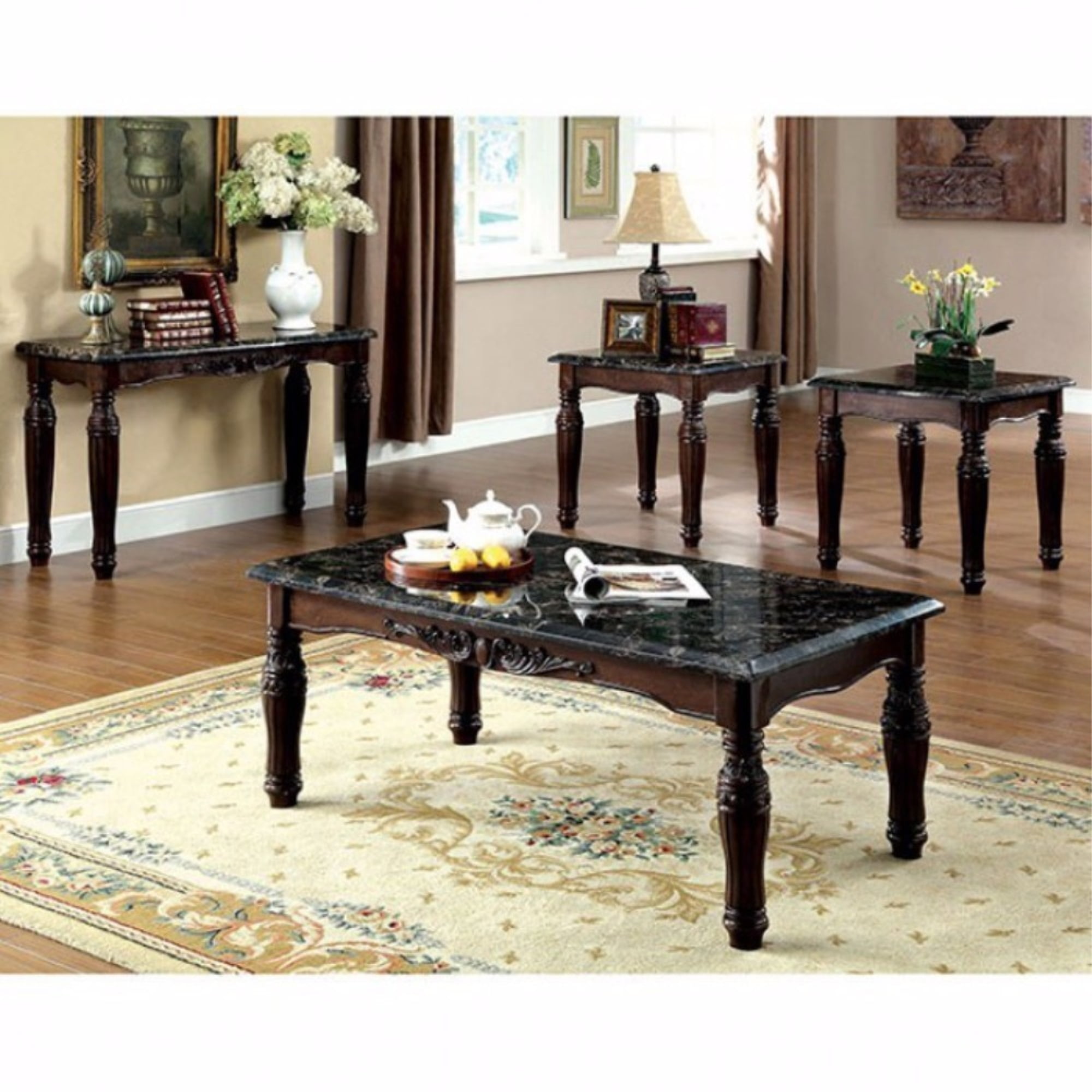 BenJara Faux Marble Top Coffee End Tables Set Espresso Brown Pack of 3 Color Brown