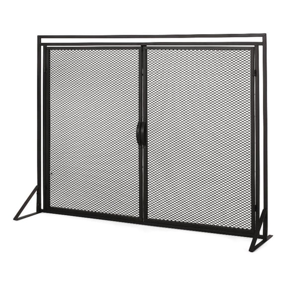 Benjara Fireplace Screen- 2 Doors- Open Diamond Mesh Design- Matte Black Iron