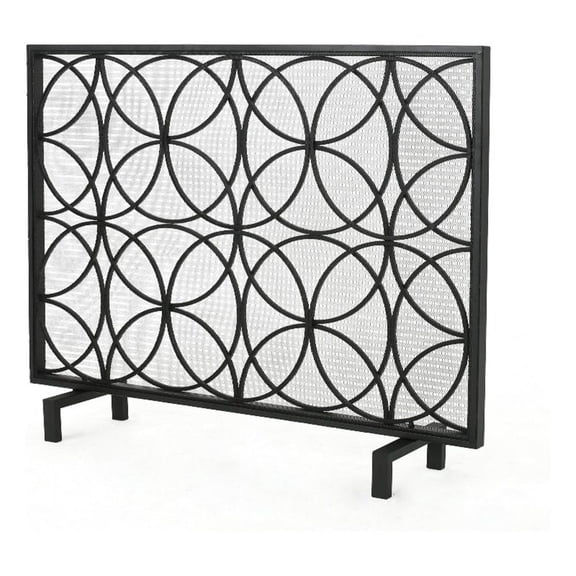 Benjara Fireplace Screen- Overlapping Circles w Mesh- 41x31 Matte Black Frame