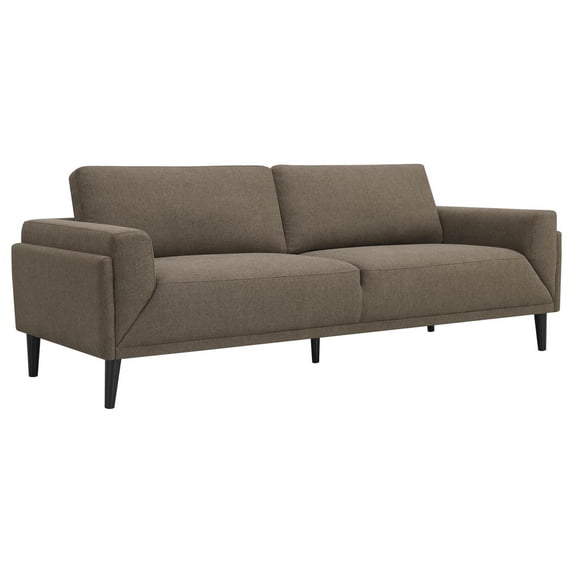 Benjara Fiza 87 Inch Sofa, Taupe Polyester, Track Arms, Pocket Coils, Double Frame