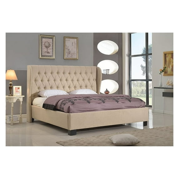 BenJara Full Size Platform Bed with Button Tufted Back and Rails Tan-Color:Tan