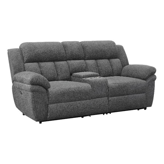Benjara Jak 86" Loveseat- Power Recliner- Padded Back- Charcoal Gray Fabric