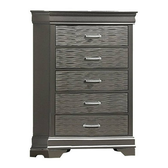 Jean Tall Dresser Chest, 5 Drawers, Chrome, Dark Gray Solid Wood