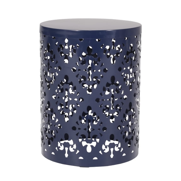 Benjara Kemo Outdoor End Table- Round 14 Inch- Cutout Design- Navy Blue
