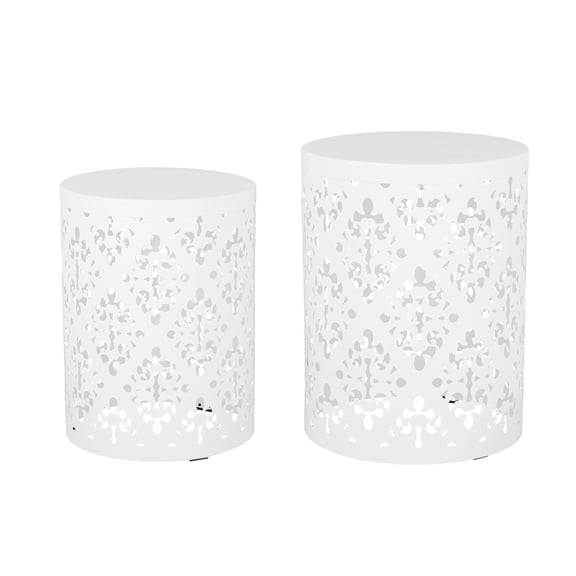 Benjara Kemo Outdoor End Table Set of 2- Round Top- Cutout Design- White Iron