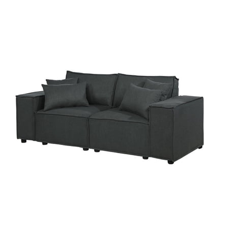 BenJara Kenzo 76 Inch Modular Loveseat with Pillows, Padded Seats, Dark Gray Fabric