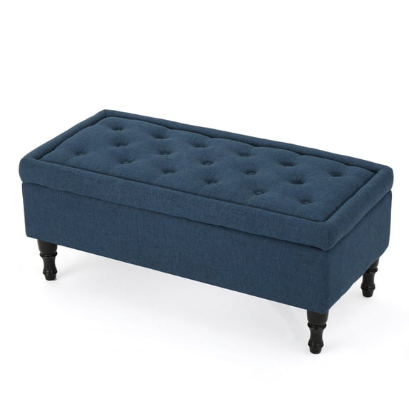 Benjara Kiyo Storage Ottoman Bench, 41 Inch Button Tufted Navy Blue Fabric