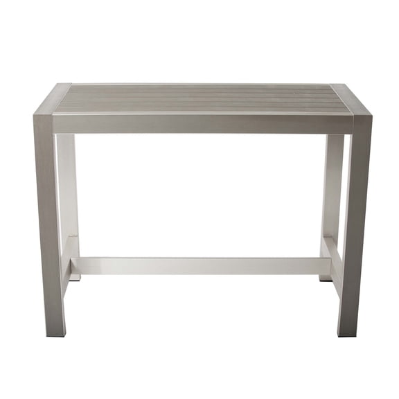 Benjara Kylo 59 Inch Outdoor Bar Table, Gray Aluminum Frame, Plank Surface, Large