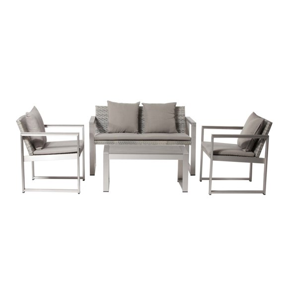 Benjara Lark 4 Piece Outdoor Sofa Set, All Weather Rattan, Gray Fabric Cushions