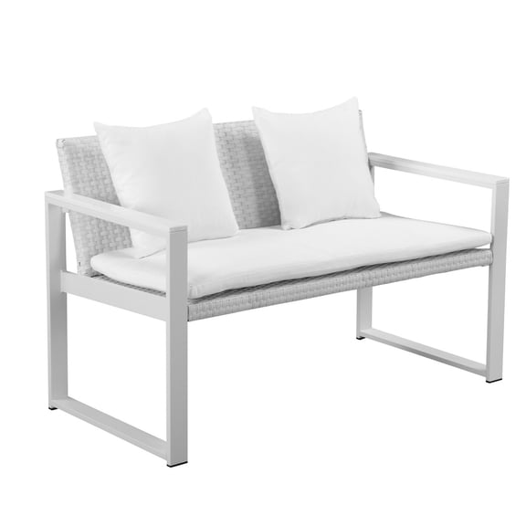 Benjara Lark 50 Inch Outdoor Sofa, White Aluminum Frame, Fade Resistant Cushions