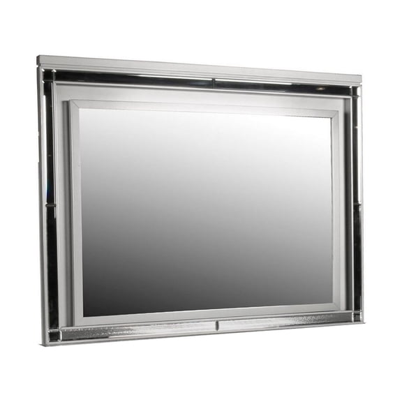 Benjara Lee 38 x 50 Dresser Mirror, Modern LED Light Trim, Silver Hardwood Frame
