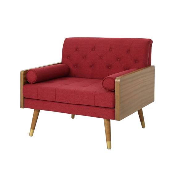 Benjara Lita Wide Accent Club Chair, Button Tufted, Red Fabric, Brown Frame